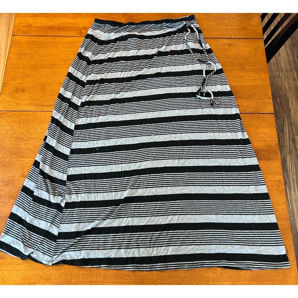 Gnu Black Gray Striped Maxi Skirt Size XL Drawstring Waist